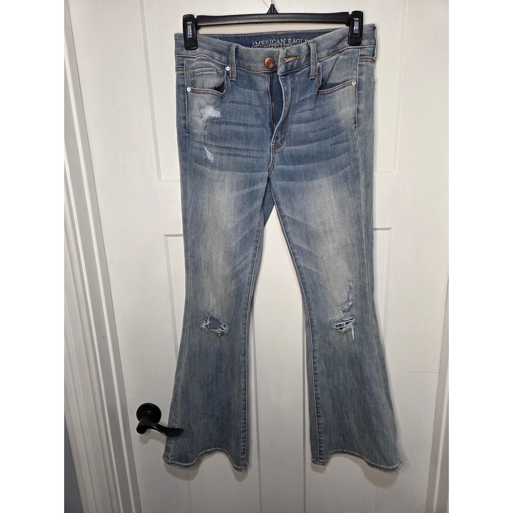 American Eagle Hi-Rise Boho Artist Flare Jeans Distressed Womens‎ Size 8 Short